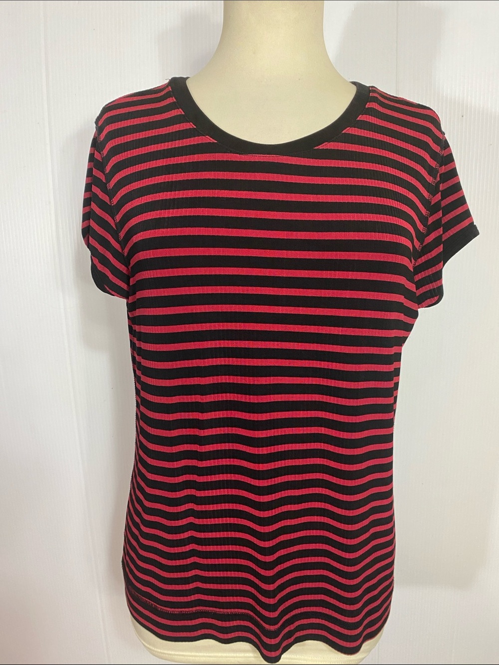 Chico's Black and Red Striped Short Sleeve Tee